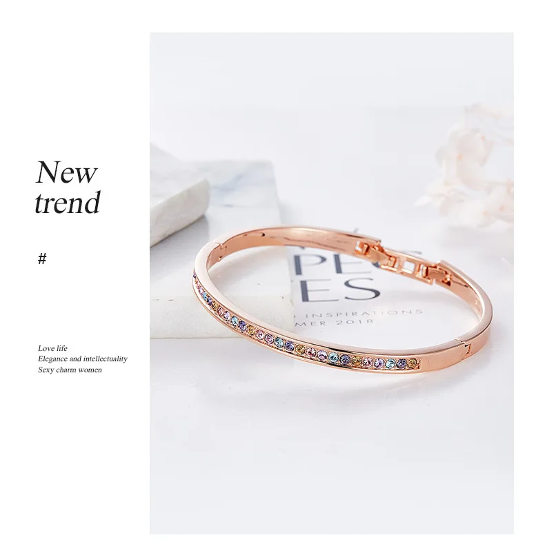 Простые Модные Разноцветные кристаллы от Swarovski жесткий браслет розовый бант золотого цвета ручной Pulsera для женщин подарок