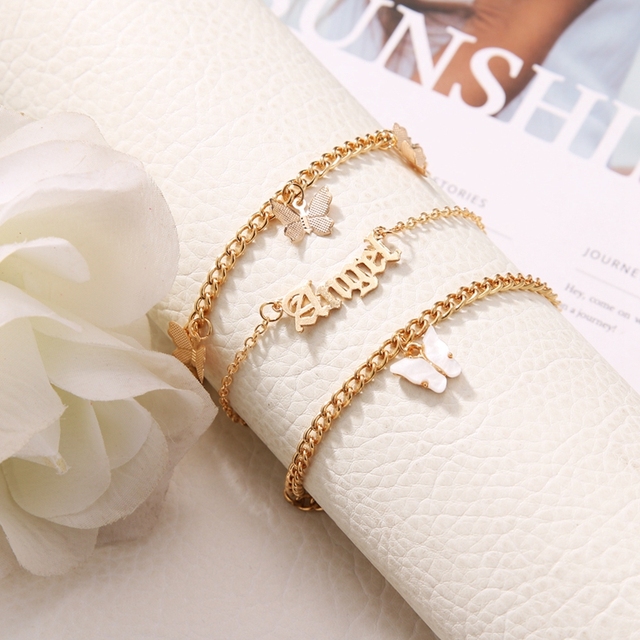Pink Butterfly Anklets Set For Women Cute Gold Letter Angel Chain Anklet Foot Ankle Bracelet Summer Beach Jewelry