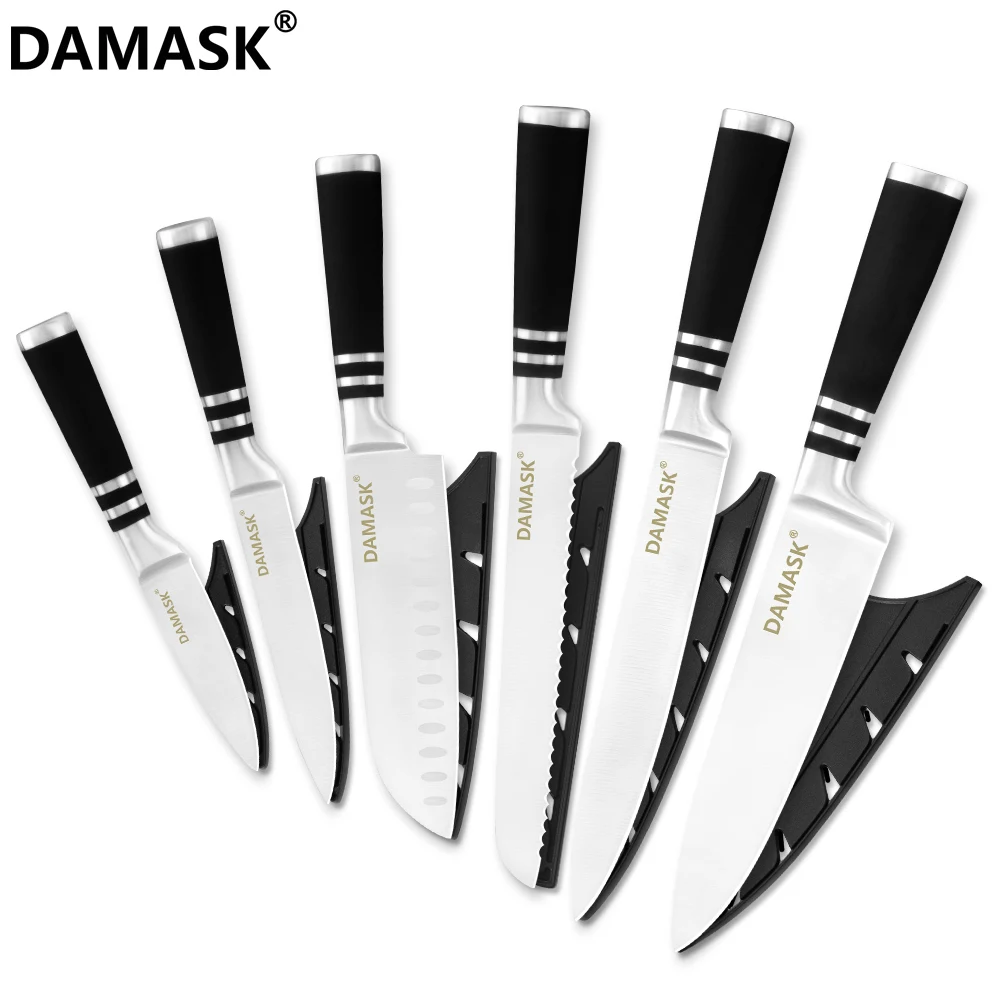 Damask 3Cr14 набор кухонных ножей из нержавеющей стали, Горячая, хорошее качество, 430 ручки, кухонные ножи с бесплатными сувенирные ножи, чехлы - Цвет: 6 Pcs Set