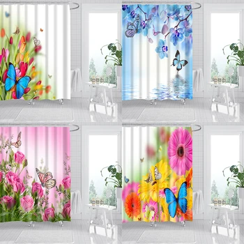 

180*200cm large screen bath shower curtain butterfly flowers rose pattern waterproof curtains for bathroom home decor DW334