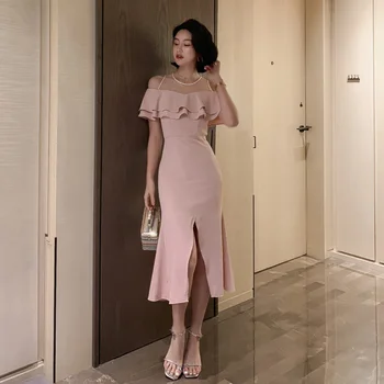 

Summer Ins Hot New Style Ladies Slim Pink Party Dress Women Ruffle Strapless Split Dress
