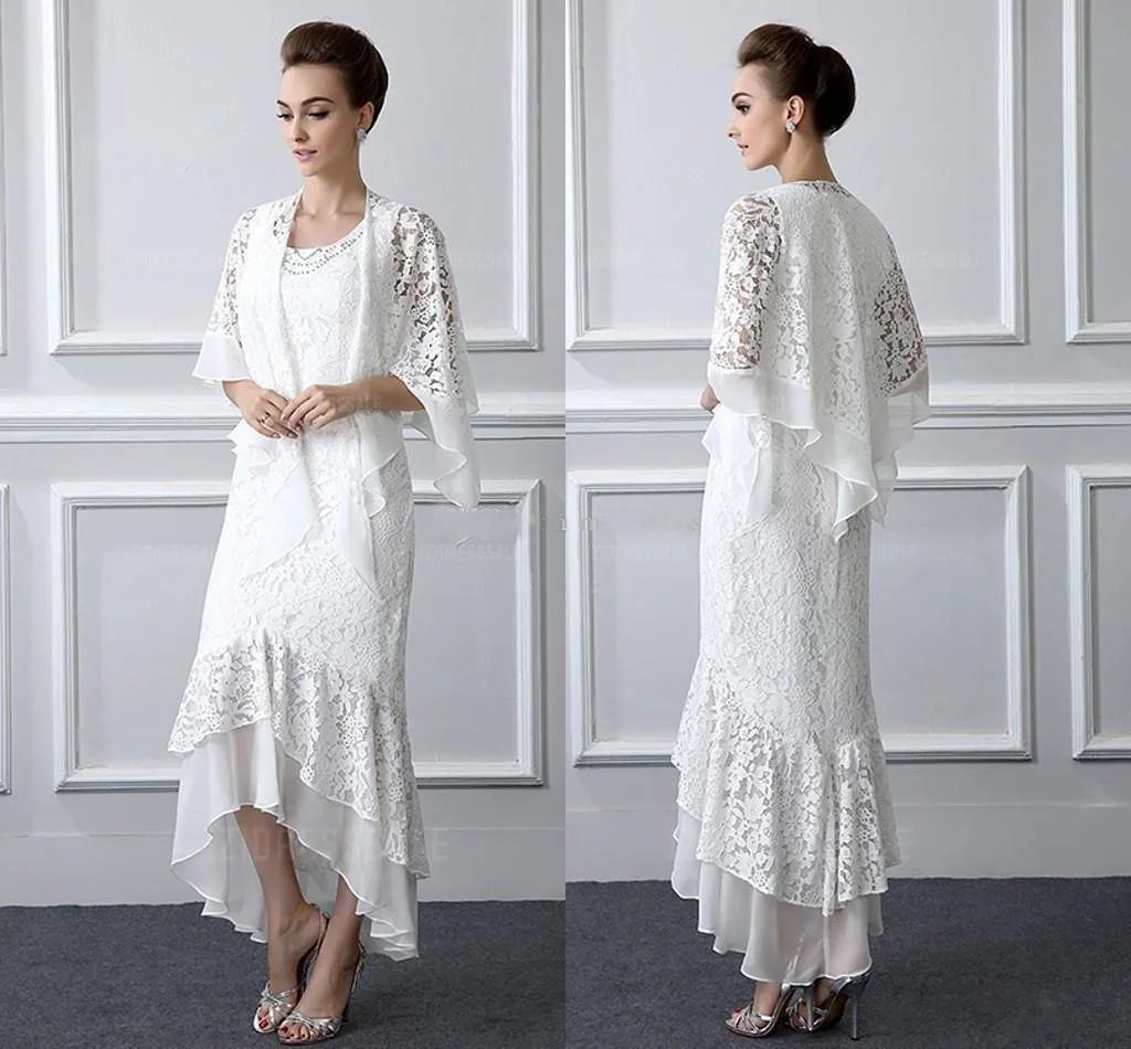 

Two Pieces Lace Mother Of The Bride Dresses Formal Women Dress Tea Length Summer Lady Gown With Jacket YSAN1217