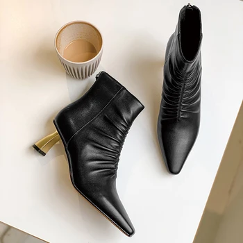 

May Niamh Woman's Ankle Boots Zipper Pleated Genuine Leather Pointed Toe Golden Strange Style Heels Handmade Female Shoes A147