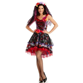 

Sexy Mexican Day Of The Dead Fancy Dress Senorita Bone-ita Skeleton Horror Phantom Helloween Bride Vampire Skull Costume