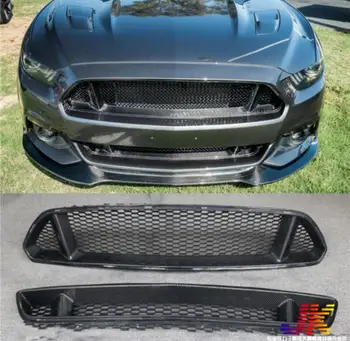 

High Quality 2PCS Carbon Fiber Above & Below Car Front Bumper Mesh Grille Grills For Ford Mustang 2015 2016 2017 Year