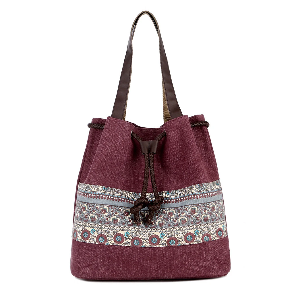 Style Canvas Handbags Women Drawstring Bucket Bag Lady Cheap Shoulder Single Shoulder Shopping Bags Floral Printed Beach Bag 820