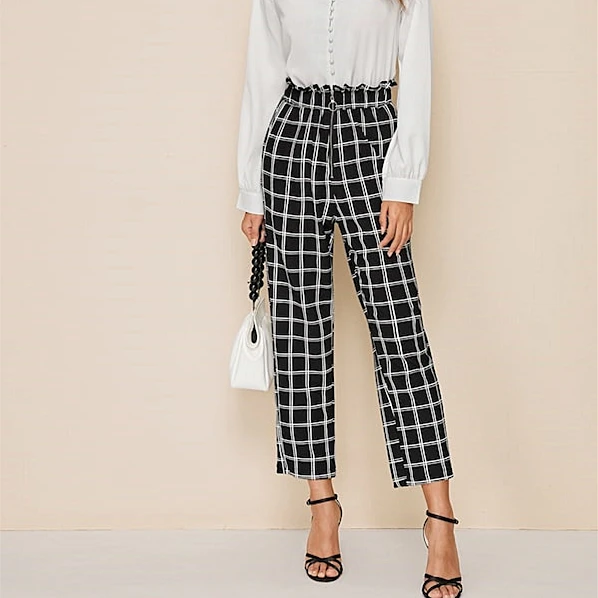 

Women's High Waist Plaid Check Casual Trousers Fashion Ladies Loose Wide Leg Long Harem Pants Office Work Trousers