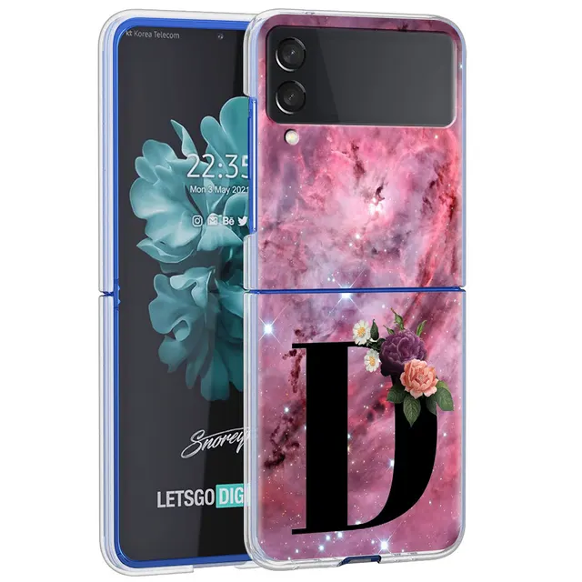Letter A B Flowers Pink Case For Samsung Galaxy Z Flip 3 5G Transparent Hard Cell Phone Cover ZFlip3 Clear PC Luxury Fundas H04