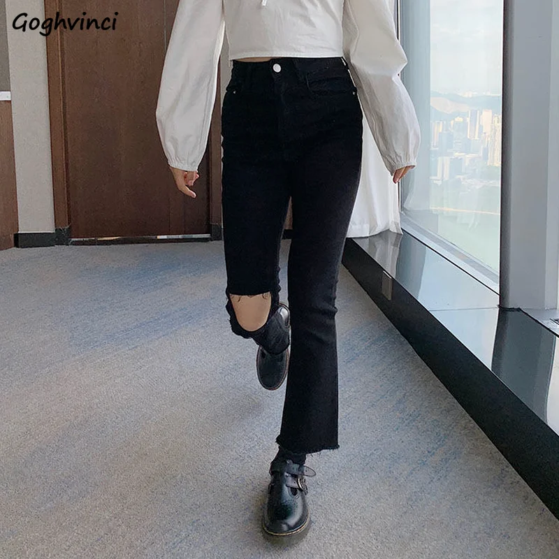 

Jeans Women Skinny Hole Black High Waist Slim Baggy Elasticity Ankle-length Zipper Fly BF Streetwear All-match Casual Aesthetic