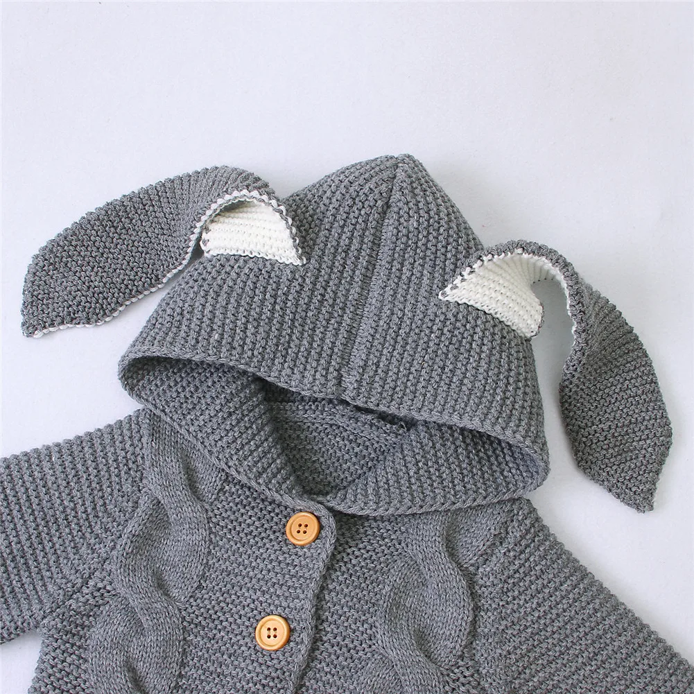 0-24M Autumn Winter Infant Kids Girls Boys Rompers Knit Solid Long Sleeve 3D Ears Hooded Jumpsuits Clothes