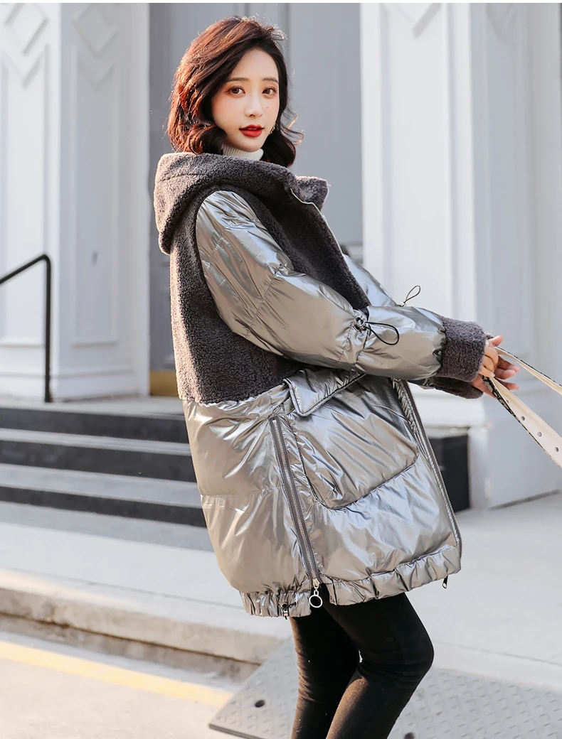 Imported Australian Wool Fur Jackets Women Bright face down cotton Outwear Female Elegant Patchwork Parkas Ladies Winter Coat