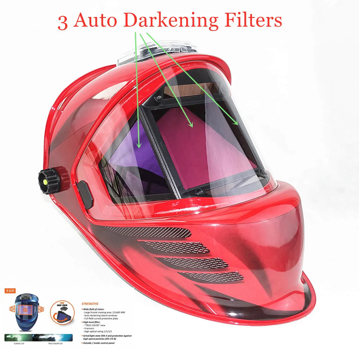 Auto Darkening Welding Mask 3 Filters View Size 115x85mm DIN 4-13 Optical 1111 4 Sensors ANSI CSA AS/NZS Welding Helmet