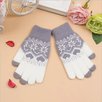 

Girl winter gloves Snowflake Pattern knit Full Finger Mitts Wrist Gloves Female Winter Gloves Touch Screen Mittens guante