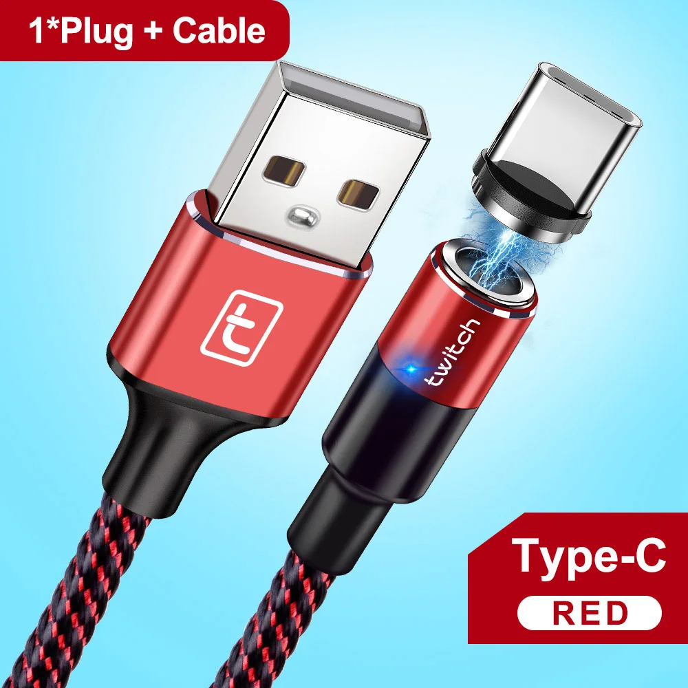 Red Type C Cable Магнитный кабель Twitch Micro usb type C, супер быстрое зарядное устройство, USB C светодиодный кабель для iPhone, samsung, Xiaomi, Android, кабель Microusb - Цвет: Red Type C Cable
