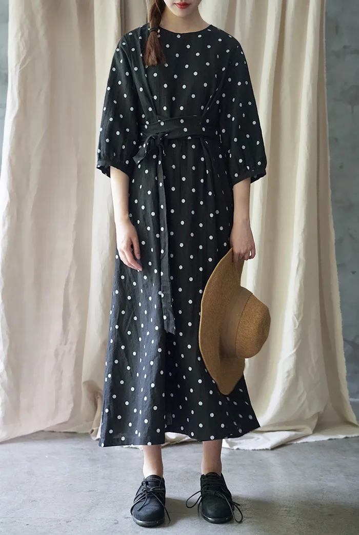 Casual New Summer Dress Three Quarter Sleeve Mid-calf Length Loose Sashes O-neck Dot Vintage Linen Women Dress