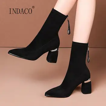 

2020 New Women Boots Winter Warm High Heels Boots Pointed Toe Fringe Ankle Boots For Women Black Flock Plus Size 43