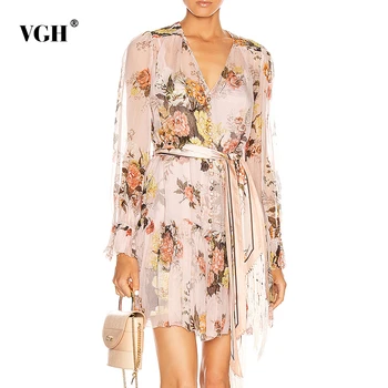 

VGH Lace Up Dress For Women V Neck Long Sleeve High Waist Ruched Print Elegant Dresses Loose Female 2020 Summer New Clothing