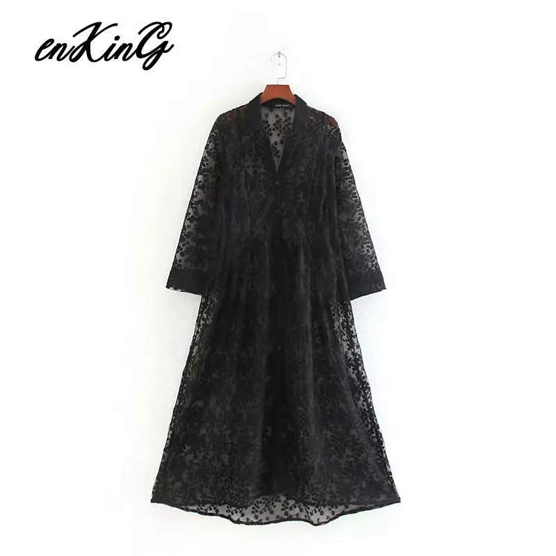

2019 women embroidery hollow out midi dress long sleeve see through female casual elegant straight za dresses chic vestidos