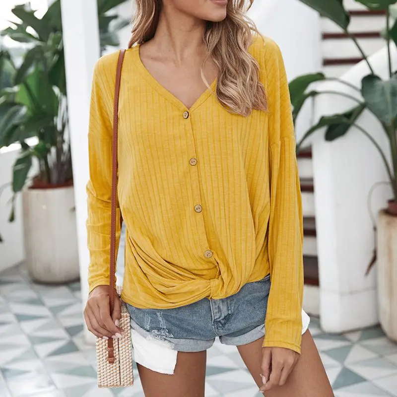Summer Casual Women's V-Neck Long Sleeve V-Neck Button Solid Color T-Shirt new