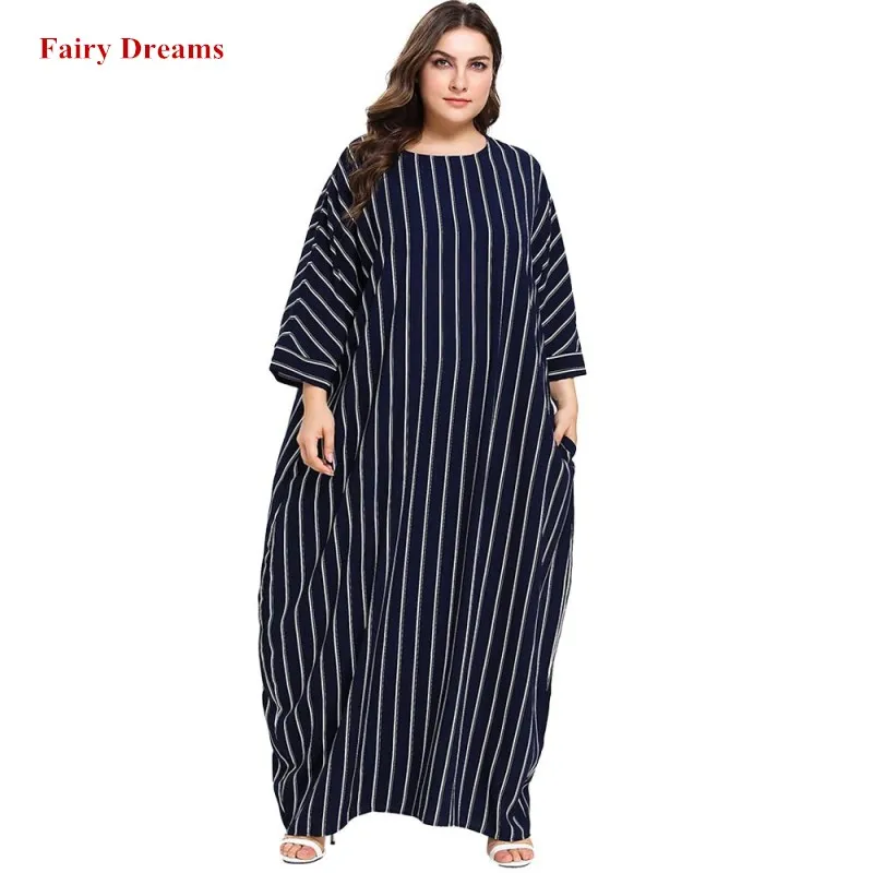 Мусульманское платье Abayas Дубай турецкое длинное платье в синюю полоску мусульманское платье с коротким рукавом женская мусульманская одежда больших размеров 4XL