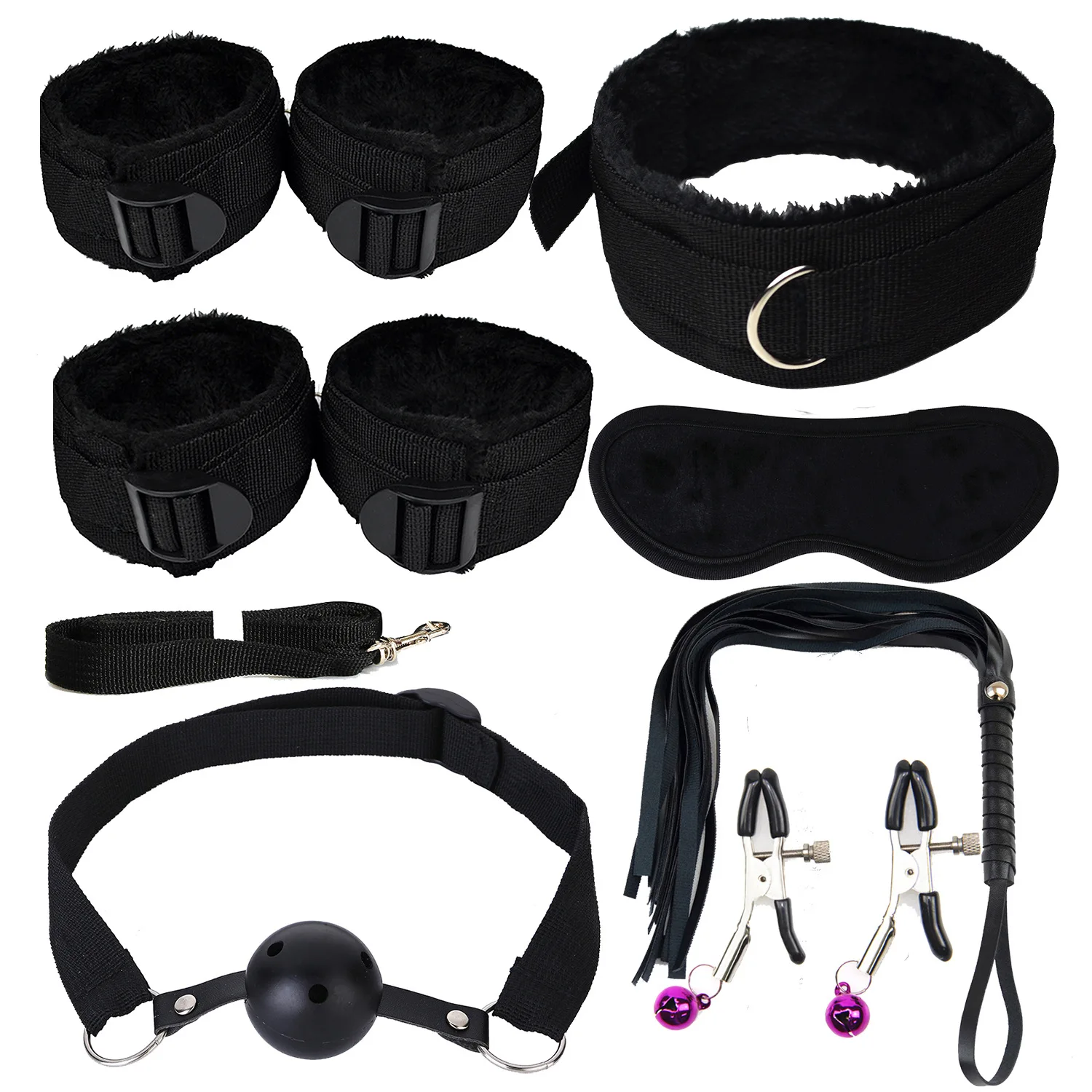DUOAI 7PCs BDSM Adult Sex Toys Plush Handcuffs Strap Whip Rope Bed Restraints Bandage Couples Cosplay