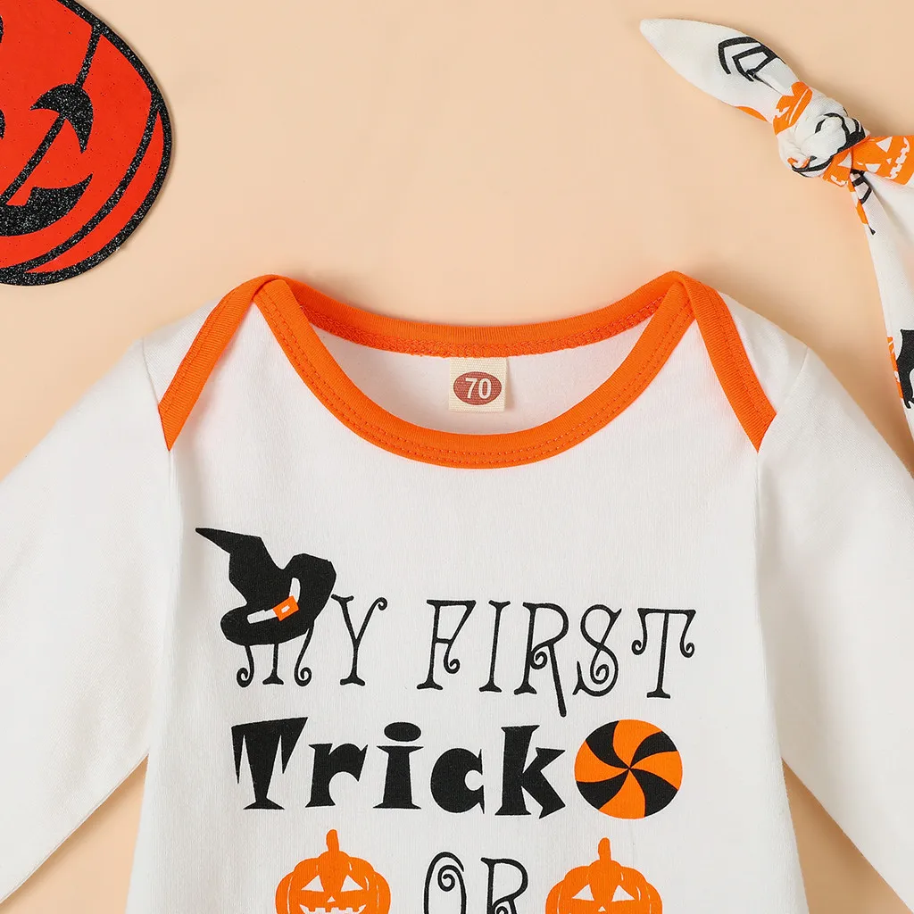 festival-wear children clothing-set costume Newborn Infant Baby Boys Girls Letter Romper Pants Hat Halloween 3pc Outfits Set