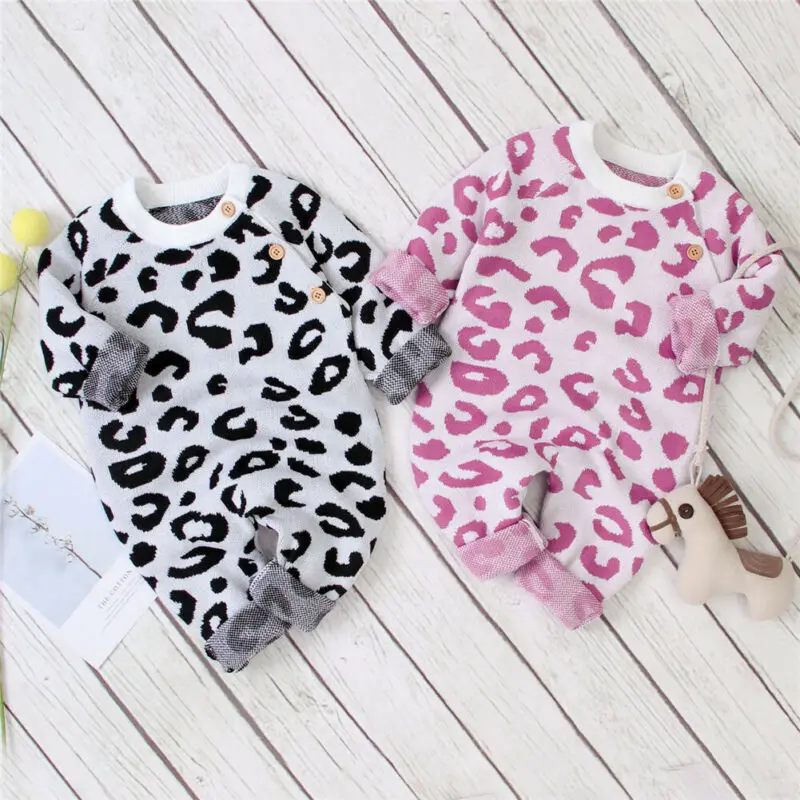 

Newborn Baby Boy Girl Long Sleeve Autumn Winter Warm Clothes Leopard Knitted Romper One-Pieces Button Jumpsuit Overall