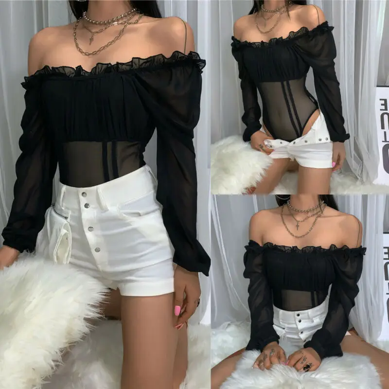 Women Bodysuit Bodycon Jumpsuit Romper Leotard Long Sleeve Ruffles Mesh Patchwork See Through Tops Playsuit Women Bodysuit Bodycon Jumpsuit Romper Leotard Long Sleeve Ruffles Mesh Patchwork See Through Tops Playsuit