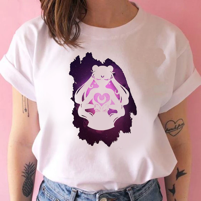 Beautiful girl with long hair T shirt Women Summer Casual Harajuku Girl Print Graphic T-shirt Short Sleeve Women Top