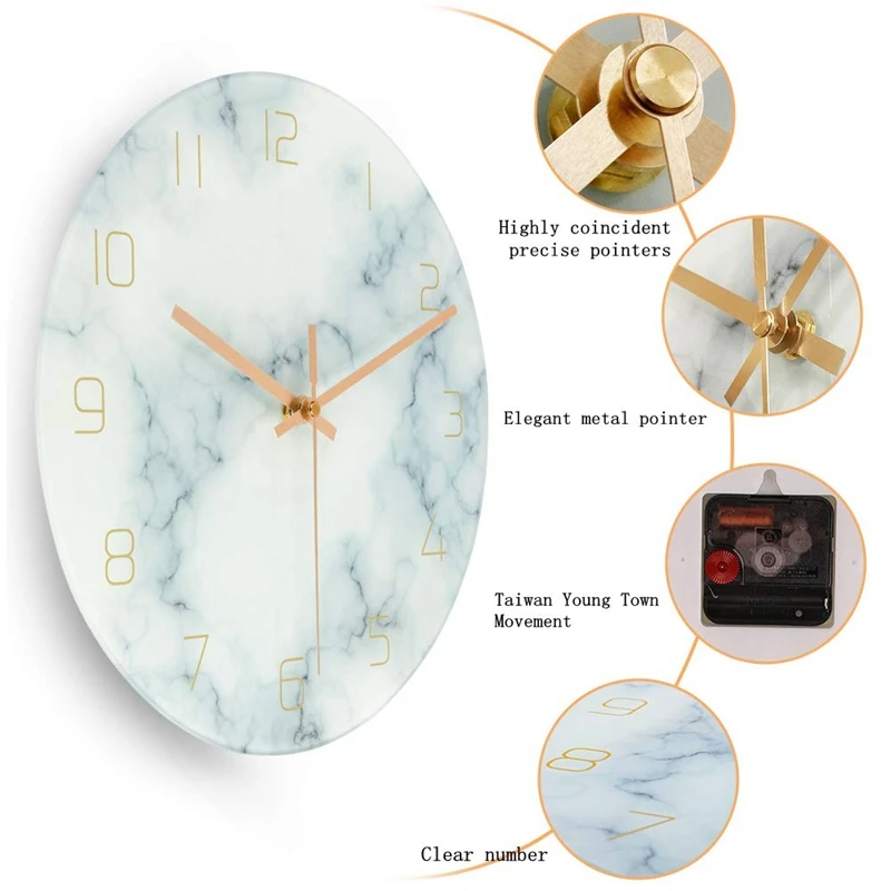 Marble Silent Wall Clock for Living Room Decor, 12 Inch Modern Non Ticking Decorations for Aesthetic Bedroom, Office, Kitchen(Ba