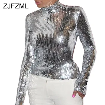

Sparkly Sequins Sexy Cropped Tops for Women Turtlenecks Slim Long Sleeve T Shirts Streetwear Parties Fall Winter Plus Size Tees