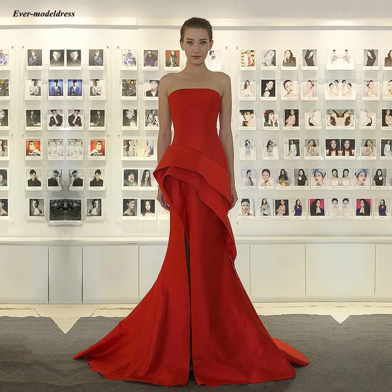 

Satin Red Evening Dresses Mermaid Strapless Side Split Lace Up Sweep Train Prom Dress Formal Party Gowns Robe de soiree Cheap