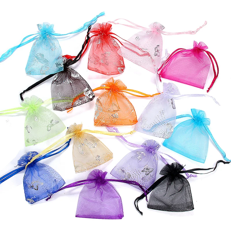 

50pcs 9*12 Cm Silver Butterfly Print Telescopic Rope Organza Bags Wedding Gift Bags, Jewelry Pouches,Small Candy Bags