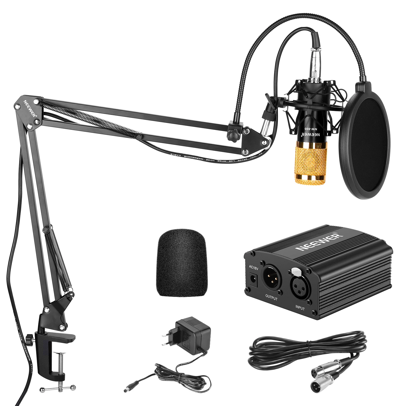 Neewer NW-800 Condenser Microphone Kit - Mic 48V Phantom Power Supply Boom Scissor Arm Stand+ Shock Mount XLR Male to Female