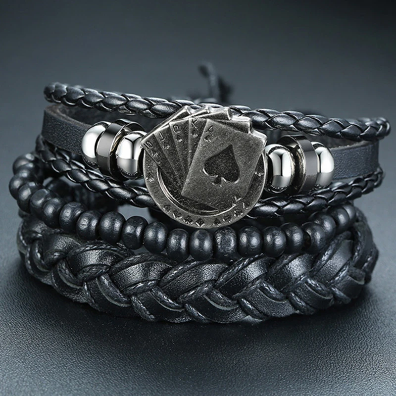 Vnox Mix 3-4Pcs/ Set Braided Wrap Leather Bracelets for Men Women Vintage Poker Charm