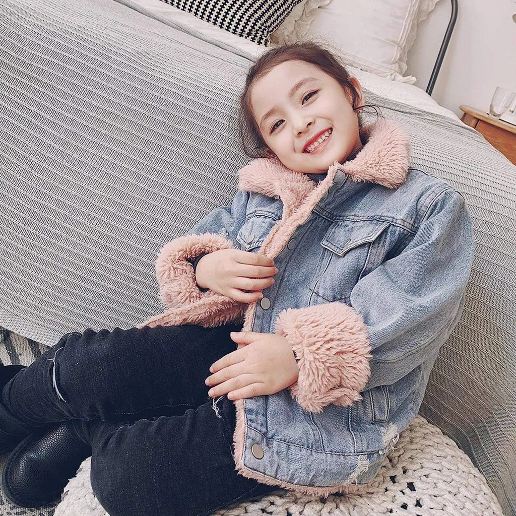 ARLONEET baby girls Boys Hooded Faux Fur Fleece Thick Denim coats Kids winter warm Plush velvet Hoodies Jacket Outerwear CN01