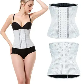 

Sexy Women white latex corset waist trainer with holes 9 steel bones white waist cincher bodyshaper