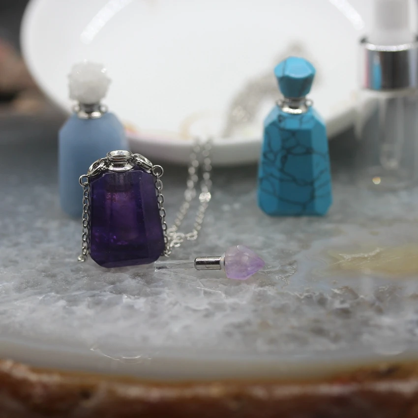 Natural Aquamarines/Amethysts/Turquoises Perfume Bottle Pendants,Plated Silver Essential Oil Diffuser Necklace Charms Jewelry