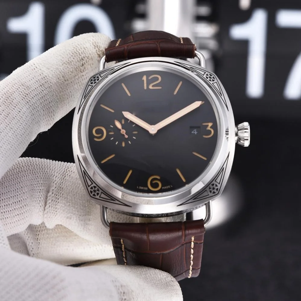 

Men's Watch 47mm Seagull Movement Black Steel Dial Engraved Military Military Leather Manual Winding Watch Men
