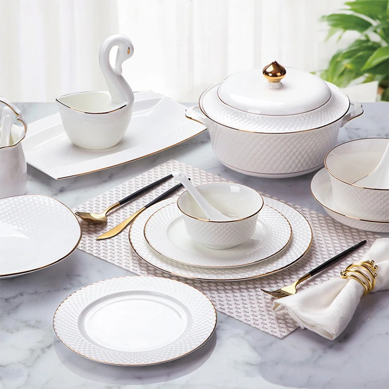 

58pcs 60pcs Jingdezhen Bone China Porcelain Gilded Edge Bowl and Dish Plate Set Dinnerware Tableware Set