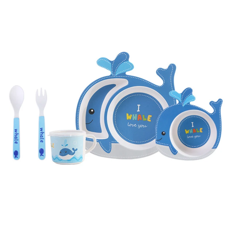 Whale Set 5 шт. детский набор посуды с героями мультфильмов, детские блюда для кормления, детская посуда из бамбукового волокна, набор с чашей, вилка, чашка, ложка, тарелка - Цвет: Whale Set