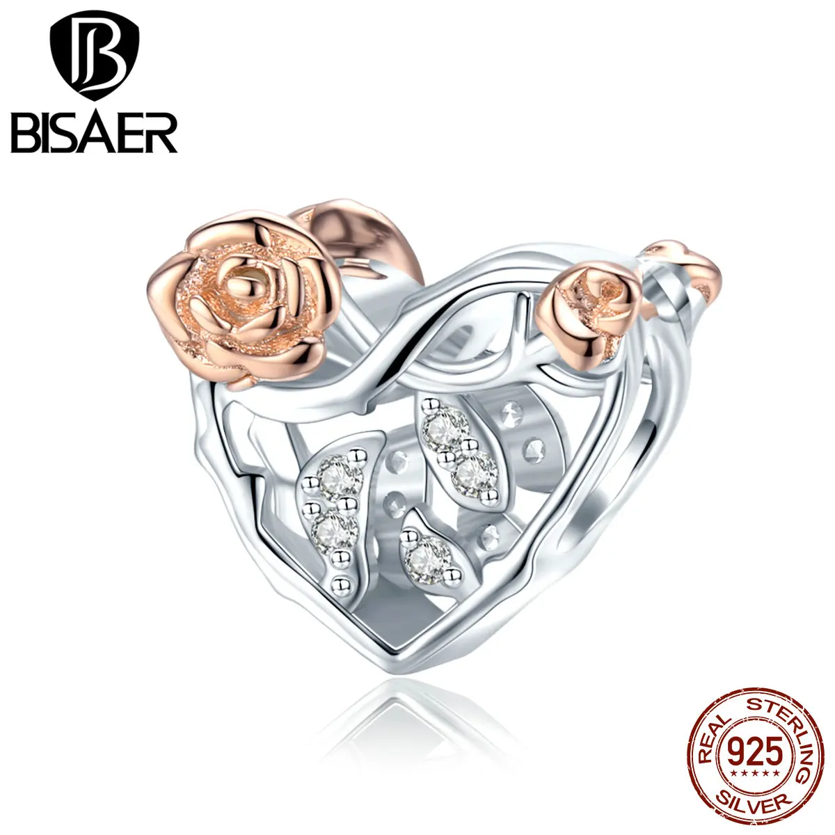 BISAER Rose Flower Heart Charms 925 Sterling Silver Rose Gold Bead Pendant DIY Bracelets Necklace For Female Jewelry 2020 EFC280 BISAER Rose Flower Heart Charms 925 Sterling Silver Rose Gold Bead Pendant DIY Bracelets Necklace For Female Jewelry 2020 EFC280