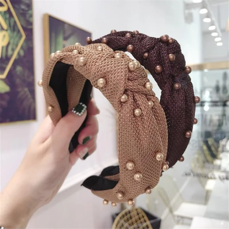 

Korean Boutique Hairband Popular Mesh Plaid Beaded Knot Headband Women Girls Hair Head Hoop Bands Accessories Scrunchy Hairbands