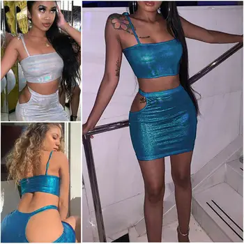 

Women Sexy Tank Crop Tops Skirt Outfits Two Piece Bodycon Bandage Wet Look Mini Skirt Tracksuit Clubwear Night Club