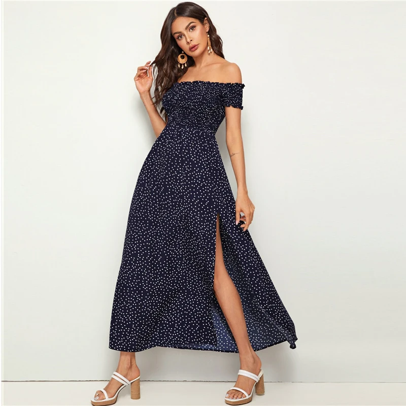 SHEIN темно-синее платье в горошек с открытыми плечами и оборкой, с оборками, с разрезом, платье в горошек, женское летнее платье с высокой талией в стиле бохо, Макси платья