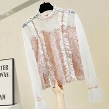 Industrial Beads Frilled Gauze Joint Lace Stand Collar Perspective Sexy Blouse Women Fashion Slim Fit Tops Blusas Femme Crop Top