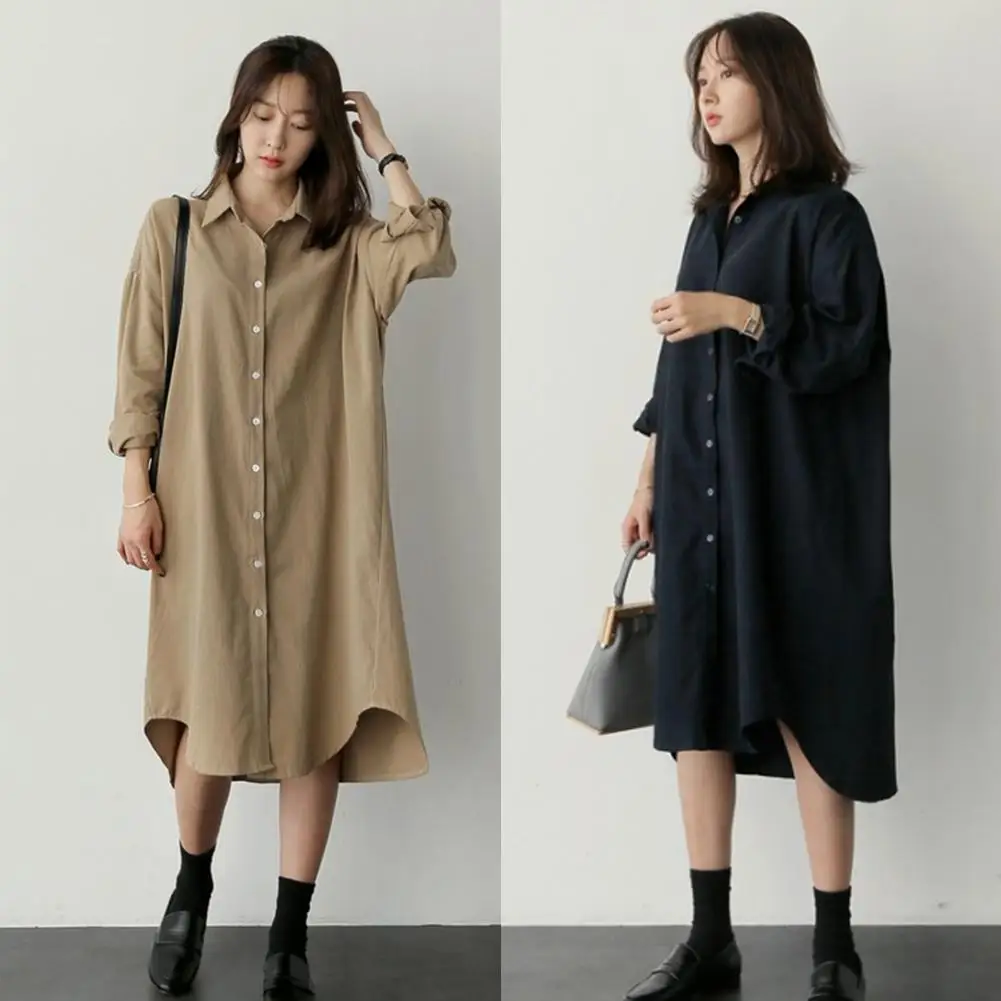 

Women Solid Color Long Sleeve Turndown Collar Button Down Oversized Maxi Blouse