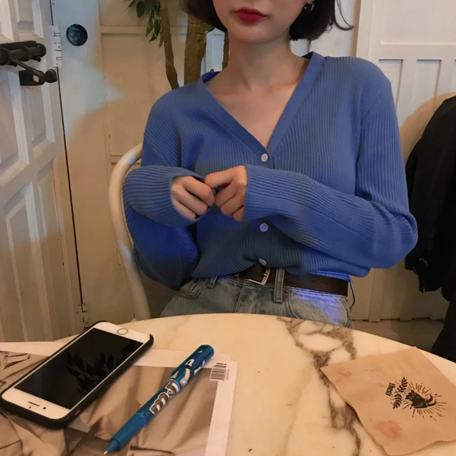 Autumn Women's Knitted Sweater Long Sleeve Single Breasted Sexy V-neck Korean Vintage Streetwear Casual Knitting Robe Femme