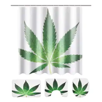 

3Pcs/Set Green Leaves Anti Slip Bathroom Rugs Set Waterproof Shower Curtain Pedestal Rug Lid Toilet Cover Bath Mat Home Decor