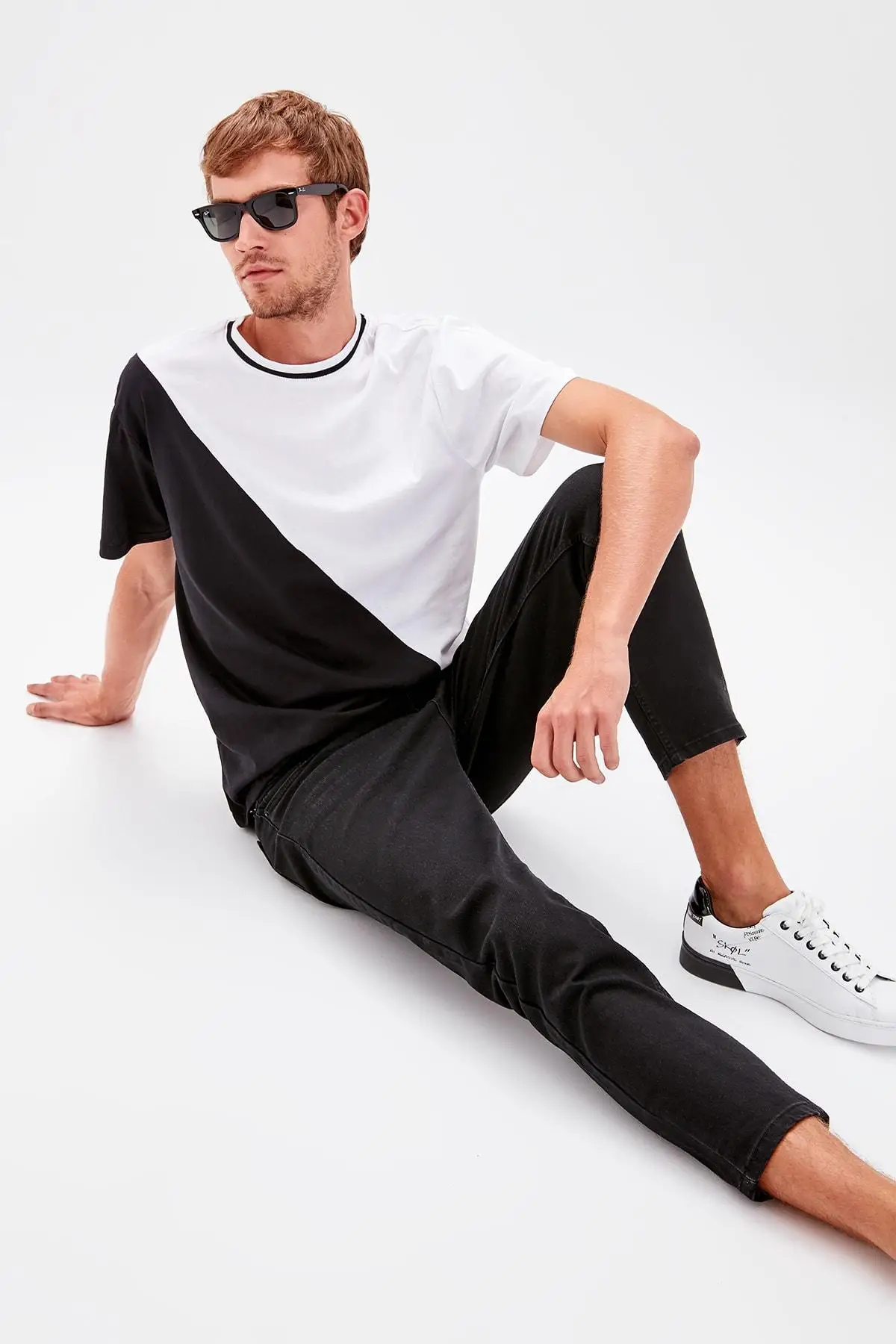 Trendyol черные мужские Асимметричные панельные футболки TMNAW20TS0069